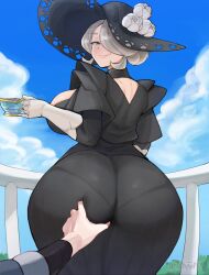 1boy 1girls artsheops ass ass_grab breasts cheek_grabbing_material_(meme) clothed cogita_(pokemon) dat_ass dress edit female gilf grabbing grey_hair hair_over_one_eye hat hi_res hips huge_ass huge_breasts male male_pov meme milf nintendo pokemon pokemon_legends:_arceus pov pov_hands rei_(pokemon) squeezing thick_thighs thighs wide_hips