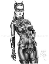 1girls anne_hathaway armando_huerta batman_(series) breasts catwoman catwoman_(the_dark_knight_rises) celebrity dc dc_comics female female_only looking_at_viewer monochrome selina_kyle solo suit the_dark_knight_rises watermark