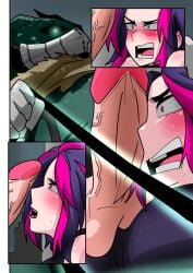 1boy 1girls binding blush forced forced_oral green_bean green_eyes hero_outfit_(mha) izuku_midoriya kaina_tsutsumi lady_nagant large_penis masked_male my_hero_academia older_female pink_hair purple_hair sweat unseen_male_face veiny_penis younger_male