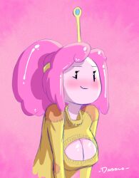 1girls adventure_time blush cartoon_network casual cleavage dabble female large_breasts pink_hair pink_skin princess_bubblegum smile solo sweater tagme