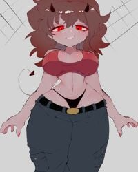 17bucks 17bucks_girlfriend 1girls 2d 2d_(artwork) black_panties breasts brown_hair curvy demon_girl female female_only friday_night_funkin girlfriend_(friday_night_funkin) horns hoshoidk large_breasts looking_at_viewer navel panties pants red_eyes red_nails red_shirt sagging_pants shirt smile solo tail thick_thighs