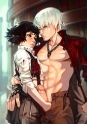 1boy 1girl abs areolae ass_grab black_hair black_skirt blood blood_stain bloody_clothes blue_eyes blush breasts capcom chest dante_(devil_may_cry) devil_may_cry devil_may_cry_3 erection facial_hair female fingerless_gloves forearm_cock gloves green_eyes hand_in_pants handjob heterochromia jacket jewelry lady_(devil_may_cry) large_penis looking_at_another male medium_breasts muscle necklace nipples no_bra open_fly optionaltypo parted_lips pectorals pendant penis perky_breasts red_jacket revision scar short_hair silver_hair skirt straight stubble suspenders sweat typo_(requiemdusk)