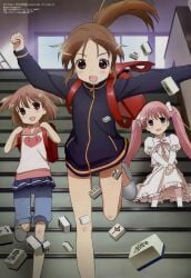 3girls atarashi_ako backpack bare_legs bottomless capri_pants dress haramura_nodoka long_sleeves naked_track_jacket natural_light pantless saki saki_achiga-hen sleveeless_shirt slippers stairs takakamo_shizuno track_jacket young