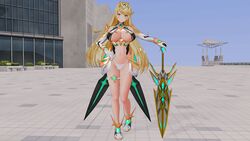 1girls 3d bangs blonde_hair boots breasts custom_maid_3d_2 elbow_gloves gloves holding holding_sword holding_weapon large_breasts long_hair mythra_(xenoblade) nintendo nipples panties plant shy smile standing swept_bangs sword thigh_strap tyrving underwear very_long_hair weapon window xenoblade_(series) xenoblade_chronicles_2 yellow_eyes