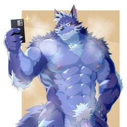 abs anthro blue_body blue_eyes blue_fur blush bodily_fluids canid canine canis cellphone electronics flaccid fur genitals grin hi_res homohomofever lifewonders male mammal muscular muscular_anthro muscular_male musk musk_clouds nipples nude pecs penis penis_base phone pubes selfie smartphone smile solo sweat tindalos_(tas) tokyo_afterschool_summoners wolf