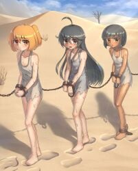 3girls ahoge ankle_cuffs barefoot black_hair blonde_hair blue_eyes bondage captured chains coffle cuffs desert female femsub kafei_ji multiple_girls multiple_subs slave slave_clothes slave_tunic slavegirl slavegirl_trio_(kafei_ji) sweat twintails whip_marks wrist_cuffs young