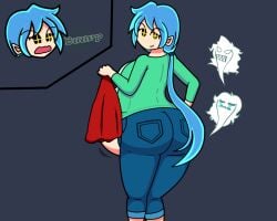 2girls after_vore big_ass big_butt blue_hair blue_jeans boyfriend's_mom_(mizanploz) bubble_ass bubble_butt burp burping female friday_night_funkin girlfriend_(friday_night_funkin) green_jacket jeans looking_at_viewer looking_back mommy_mearest multiple_girls vore vore_belly