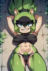 1girl ai_generated arms_up bikini blue_eyes breasts cameltoe civitai furry green_fur half-closed_eyes idw_publishing large_breasts midriff navel nipple_piercing nipples panties pierced_nipples piercing ponytail pubic_hair pubic_hair_peek pussy see-through see-through_clothing sega sharp_teeth solo sonic_(series) sonic_the_hedgehog_(comics) sonic_the_hedgehog_(idw) sonic_the_hedgehog_(series) surge_the_tenrec sweat tenrec toned toned_female