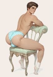 ai_generated ass big_ass big_butt boy brown_hair bubble_ass bubble_butt bulge bulge_through_clothing chair eye_contact hazel_eyes looking_at_viewer looking_back male male_only panties panty_bulge plump_ass presenting round_ass round_butt shimapan sitting_on_chair spcks striped_panties striped_underwear tallcallipygian tcallipygian thick_thighs thighs