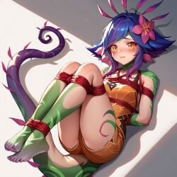 ai_generated arms_behind_back bangs bereft blue_hair blush bondage colored_skin cute embarrassed feet flower flower_in_hair green_skin laying_down laying_on_back league_of_legends lizard_girl long_tail looking_at_viewer monster_girl multicolored_hair neeko painted_nails purple_hair restrained rope_bondage short_hair showing_feet simple_background slit_pupils stable_diffusion tail thighs tied_up yellow_eyes