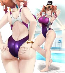 2girls adjusting_clothes adjusting_swimsuit arm_behind_head armpits bare_arms bare_legs bare_shoulders barefoot big_butt blush breasts brown_hair butt butt_focus commission competition_swimsuit covered_navel drill_hair grin highres jewelry jo'on_yorigami kagiyama_shachou large_breasts long_hair multiple_girls multiple_views necklace one-piece_swimsuit pool purple_one-piece_swimsuit shion_yorigami skeb_commission smile solo_focus swimsuit toes touhou twin_drills twintails twitter_username water yellow_eyes yorigami_jo'on yorigami_shion