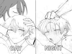 2boys anal_sex daytime english_text eyes_rolling_back fast_thrusts gay gripping_hair hair_pull head_grab implied_sex kamishiro_rui kissing_forehead male male/male male_focus male_only nighttime project_sekai tenma_tsukasa tongue_out