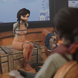 2023 2girls 3d bioshock bioshock_infinite bondage bound bound_arms bound_legs daisy_fitzroy elizabeth_comstock faceless_female gag gagged highres ironlawbringer tape_gag