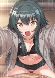 1boy black_bra black_hair bra breasts commentary_request cowgirl_position cowgirl_position erere female female_pubic_hair gakuen_idolmaster green_eyes grey_shirt idolmaster long_hair looking_at_viewer medium_breasts motion_lines navel nipples open_clothes open_mouth open_shirt pubic_hair sex shirt solo_focus straddling straight sweat tsukimura_temari underwear