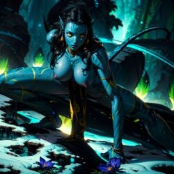 1girls ai_generated alien alien_girl alien_only avatar avatar:_the_way_of_water blue_body blue_skin breasts cat_ears cat_tail female long_hair looking_at_viewer na'vi neytiri nipples no_bra sarella yellow_eyes