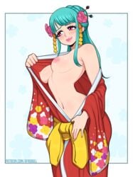 1girls afrobull aqua_hair areolae blush breasts clothing embarrassed female female_only hair_flower human kimono kozuki_hiyori navel nipples one_piece removing_clothing solo