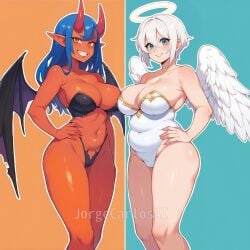 2females 2girl 2girls 2women ai_generated angel angel_wings bat_wings big_breasts blue_eyes blue_hair breasts cameltoe chubby chubby_female cleavage colored_skin coloured_flesh demon demon_girl demon_horns demon_wings fangs female females females_only heaven hell horned_female horned_humanoid horns jorgecarlosai long_hair multiple_girls navel orange_eyes pointy_ears red_skin short_hair smile smirk standing thighs toned toned_female underwear watermark white_hair