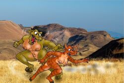 anthro anthro_female anthro_only big_breasts chasing daeodon entelodont guodzilla hunting nude_female prehistoric prehistoric_predation pursuit running