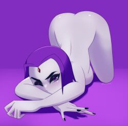 1girls all_fours ass ass_up completely_nude dc dc_comics eyeshadow female forehead_jewel frown head_down_ass_up hi_res looking_at_viewer medium_hair nail_polish nude one_eye_closed pale_skin purple_eyes purple_hair raven_(dc) ravenemore solo teen_titans