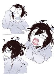 ? absurdres bags_under_eyes black_hair closed_eyes cum cum_drinking cum_in_a_cup cum_in_mouth drinking_cum female highres hood hoodie karasu_raven open_mouth original sleeves_past_wrists solo tongue tongue_out toothbrush uvula