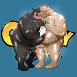 absurd_res alcohol anthro balls bara beer belly beverage black_body black_fur brown_body brown_fur canid canine canis docking domestic_cat domestic_dog drunk duo erection fat fat_man foreskin fur genitals hi_res male male/male male_only mammal mature_male multiple_boys nude obese obese_male overweight overweight_male penile penis pete_(disney) red_hair roxanne's_dad samonaa2 sex substance_intoxication