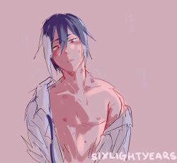 1boy artist_signature bite_mark hickey hickey_marks male male_only matsudappoiyo onomatopoeia open_shirt partially_clothed sixlightyears tie two-tone_hair utau