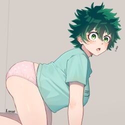 1girls blush boku_no_hero_academia clothing crossgender female female_deku female_only freckles green_eyes green_hair izuku_midoriya looking_at_viewer midoriya_izuku my_hero_academia panties rule_63 shirt short_hair