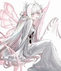 1girl absurdres artist_name butterfly_wings clothing_cutout collarbone commentary dress feet_out_of_frame from_side gawako hair_ornament hair_ornament_request head_tilt highres hole_on_body insect_wings long_hair looking_at_viewer open_mouth original pointy_ears red_eyes simple_background solo stomach_cutout untranslatable_commentary white_background white_dress white_hair wings