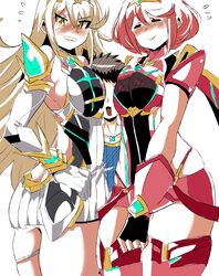 1boy 2girls bangs between_breasts blush breasts clenched_teeth closed_mouth earrings flat_color gem haho hair_ornament headpiece highres jewelry large_breasts long_hair male multiple_girls mythra nervous nintendo nipples open_mouth pose pyra rex_(xenoblade) salvager_vest shirt shy simple_background swept_bangs teeth thigh_strap tiara tsundere very_long_hair white_background xenoblade_(series) xenoblade_chronicles_2