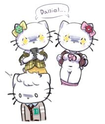 anthro clothed clothing dear_daniel domestic_cat electronics felid feline felis female group hello_kitty hello_kitty_(character) hello_kitty_(series) kitty_white kittystarr male mammal mimmy_white nervous phone sanrio slightly_chubby trio undressing