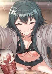 1boy black_bra black_hair bra breasts closed_eyes closed_mouth commentary_request cowgirl_position cowgirl_position cum erere female female_pubic_hair gakuen_idolmaster grey_shirt idolmaster internal_cumshot long_hair medium_breasts navel nipples open_clothes open_shirt pubic_hair sex shirt solo_focus straddling straight sweat tsukimura_temari underwear