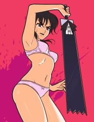 1girls arm_up armpits black_hair bra chainsaw_man clothing female holding_object jeffmiga legs_together matching_underwear mitaka_asa open_mouth panties pink_bra pink_panties pink_underwear purple_eyes redraw short_hair solo solo_female sweatdrop sword underwear weapon