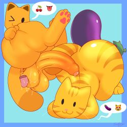 1:1 anthro ass ball_lick balls big_butt big_penis cat_emoji domestic_cat duo eggplant_emoji emoji_(race) felid feline felis feral genitals hi_res licking male male/male mammal oral penis semi-anthro sex snappy_snaz tongue yellow_body