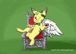 1boy 2014 alcohol alternate_color animated anthro anthrofied beckoning beverage chair ero_(character) feathered_wings feathers furry gesture green_eyes male male_only nintendo original_character oscar_the_purrloin penis pikachu pokémon_(species) pokemon pokemon_rgby sitting solo testicles text throne url video_games watermark wine wine_glass wings