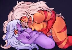 2girls amethyst_(steven_universe) body_markings chubby_female females_only fingering foreplay gem gem_(species) givlsssz holding_neck jasper_(steven_universe) lesbian_sex moaning multiple_girls muscular_arms muscular_female neck_grab orange_body orange_nipples pubic_hair purple_body purple_nipples size_difference steven_universe white_hair yuri