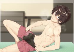 1boy abs blush briefs brown_hair bulge male male_only masculine solo solo_male tamahiro_(pixiv)