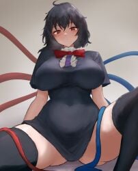 1girls big_breasts black_hair breasts clothed_female light-skinned_female moriforest1040 nue_houjuu red_eyes sitting solo solo_female spread_legs stockings thick_thighs thighs touhou