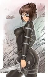 1girls ass attack_on_titan big_breasts breasts brown_eyes brown_hair clothed curvy curvy_female curvy_figure erodrunky eyepatch female female_only glasses goes_hard hanji_zoe looking_at_viewer nipples_visible_through_clothing ponytail shingeki_no_kyojin skin_tight smile solo sword thick_ass tight_fit weapon