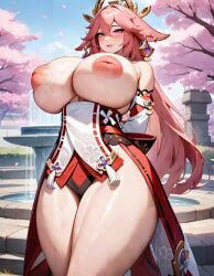 1girls absurd_res ai_failure ai_generated alternate_breast_size arms_behind_back bare_breasts blush cherry_blossoms coral_pink_hair curvy detailed_background fountain genshin_impact gigantic_breasts huge_breasts inverted_nipples jewelry light_skin lips long_hair low-angle_view makeup mature_female mihoyo narrow_waist nipple_mouth pink_hair pink_theme red_clothing red_theme seductive_smile solo stable_diffusion standing thick_thighs thighs video_games wide_hips xenomon yae_miko