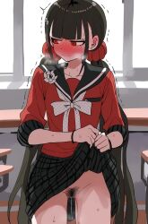 1girls black_skirt blush blushing danganronpa danganronpa_v3 dripping_pussy embarrassed exposed_pussy female_only harukawa_maki lifting_skirt pubic_hair red_eyes school school_uniform schoolgirl twintails