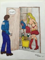 breast breasts caught caught_in_the_act caught_off_guard female high_heel_boots high_heels janitor janitor's_closet janitor_closet panties skirt supergirl superhero_costume_change traditional_media_(artwork) wayne_miller waynemillerjr