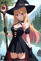 ai_generated alternate_costume bangs bare_shoulders black_choker black_dress black_gloves black_headwear black_thighhighs blonde_hair blush breasts choker cleavage closed_mouth colored_tips cowboy_shot cross-laced_clothes day detached_sleeves dress earrings female gloves gradient_hair halterneck hat holding holding_staff jewelry kitagawa_marin lake long_hair looking_at_viewer makeup medium_breasts multicolored_hair nature o-ring outdoors pikkiwynn pink_hair puffy_short_sleeves puffy_sleeves red_eyes river short_sleeves solo sono_bisque_doll_wa_koi_wo_suru staff thighhighs tree water witch witch_hat zettai_ryouiki