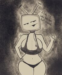 antennae big_breasts bra computer computer_head computer_monitor computer_screen dark_background object_head screen screen_face screen_head smug tabitha_(ultraneeks) television television_screen tv tv_face tv_head tv_screen tv_woman tvwoman ultraneeks underwear