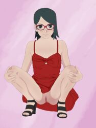 1girls boruto:_naruto_next_generations brn feet female glasses high_heels legs naruto pussy sarada_uchiha shaved_pussy shy skirt small_breasts solo squatting toes virgin