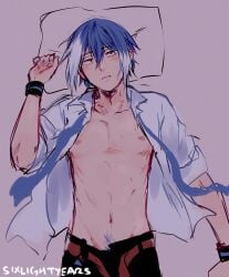 1boy artist_signature bed happy_trail laying_on_back male_only matsudappoiyo nipples open_pants open_shirt painted_nails pillow sixlightyears unbuckled_belt utau