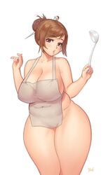 1girls apron big_breasts breasts chubby cleavage female female_only hair_bun hair_ornament hair_pin harry_(dudwofla) large_breasts looking_at_viewer mei_(overwatch) naked_apron overwatch solo thick thick_thighs wide_hips