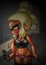 2d 5_fingers arms bench black_bra black_pants blonde_hair blush bra breasts closed_mouth clothed clothed_female clothing color colored dark dark-skinned_female dark_room dark_skin domino_mask ear eyebrows eyelashes eyes eyes_open female female_focus female_only hair hair_bun hands inkling inkling_girl japanese_text legs legs_together locker locker_room lockers looking_to_the_side mask medium_breasts midriff mouth mouth_closed movement_lines n-pacer navel navel_line nipples nipples_visible_through_clothing open_eyes panties pants pants_down pink_panties pointy_ears ramunesoda skin solo solo_female solo_focus splatoon splatoon_(manga) splatoon_(series) sports_bra taking_clothes_off tentacle tentacle_hair text translated undressing yellow_eyes