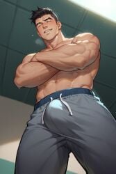 1boy abs ai_generated arms_crossed black_hair bulge bulge_through_clothing closed_eyes clothing cocky craig_cahn dream_daddy:_a_dad_dating_simulator looking_at_viewer looking_down looking_down_at_viewer low-angle_view male male_only muscular muscular_arms muscular_male pixel_pleasure pov smile smiling_at_viewer solo solo_male standing_over_viewer sweat sweatpants topless