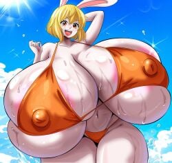 adorable alternate_body_type alternate_breast_size anthro areolae big_breasts breasts breasts_bigger_than_head breasts_bigger_than_torso carrot_(one_piece) clothing cute erect_nipples female female_only greengiant2012 hi_res huge_breasts hyper_breasts lagomorph legwear leporid looking_at_viewer mammal nipples one_piece rabbit solo thick_thighs thigh_highs top_heavy