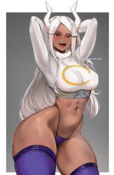 1girls bunny_ears chaichne dark-skinned_female dark_skin female female_only high_resolution looking_at_viewer midriff miruko my_hero_academia red_eyes rumi_usagiyama solo thighhighs thighs thong very_high_resolution white_hair wide_hips